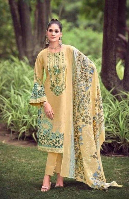 Hive Art Pakistani semilawn yellow with green embroidery
